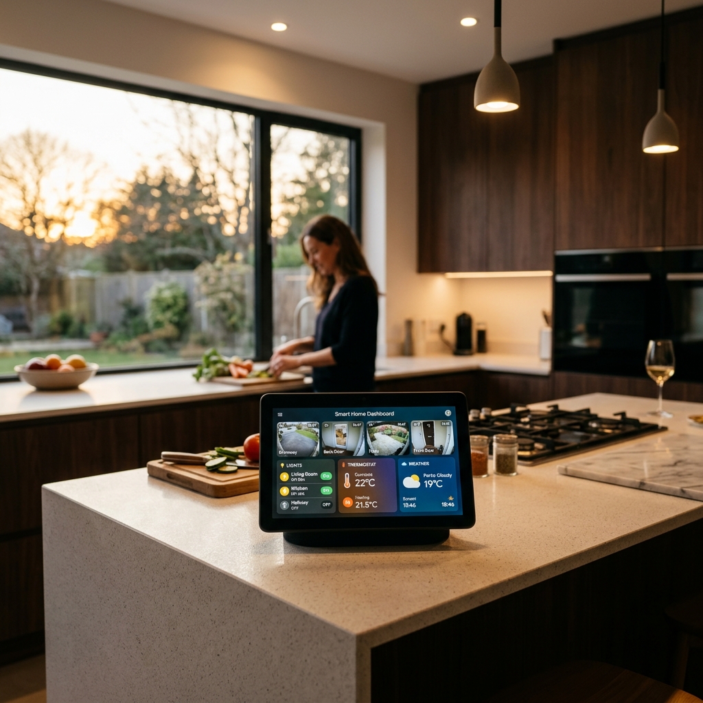 Écran connecté domotique sur plan de travail de cuisine moderne